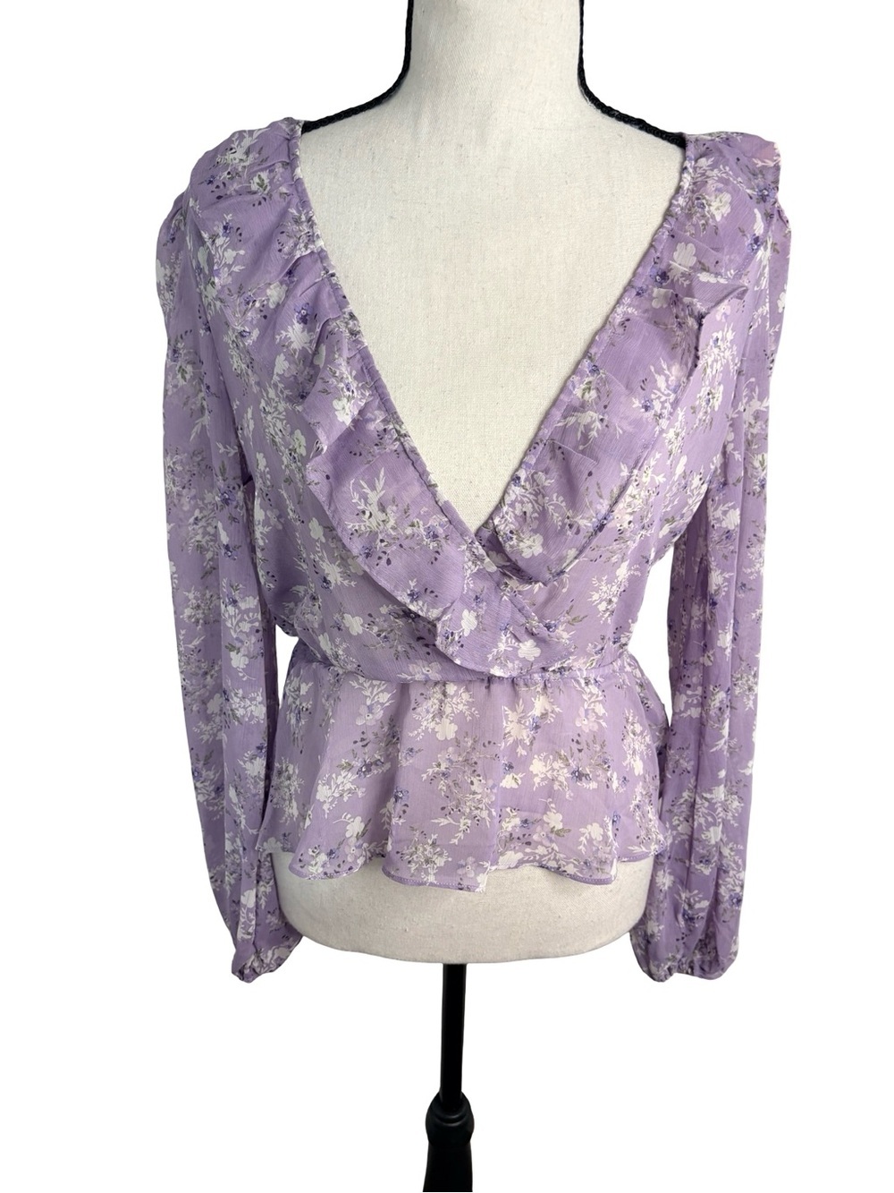 Stradivarius Lilac Floral Ruffle Peplum Blouse Size S